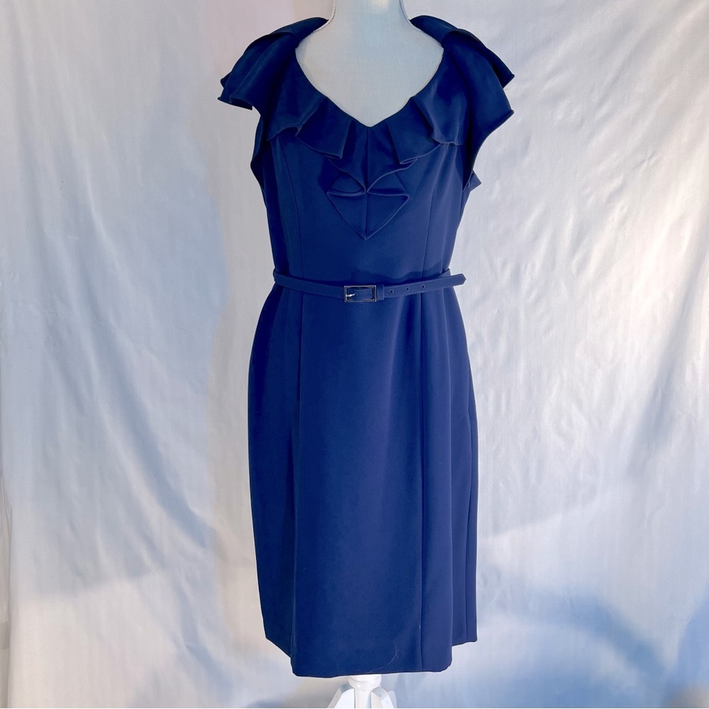 Evan Picone Dress Blue Sleeveless V Ruffle Neck Sheath W/Thin Belt 12 👍